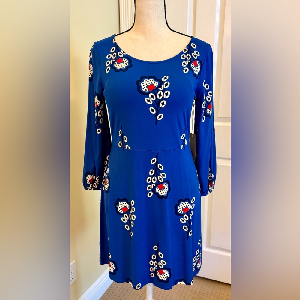 NWT Boden Cobalt Blue Long-Sleeve Floral Mini-Dress, Jersey, Sz 6P